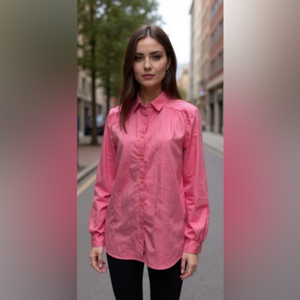 Vintage ALL HOURS Paris Milan Pink Polyester Collared Button-down Shirt L